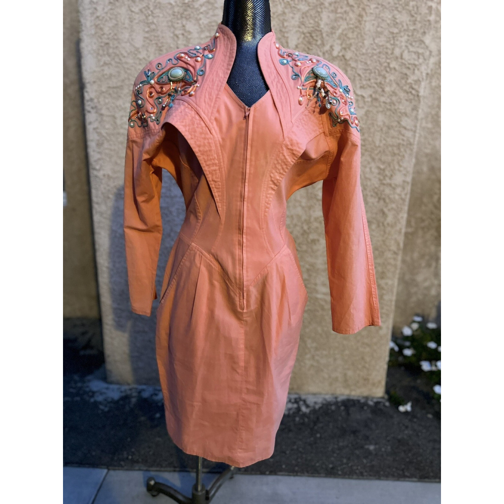 Moza 80s Vintage Dress Beaded & Embroidered Cotton Dress Sz 7/8